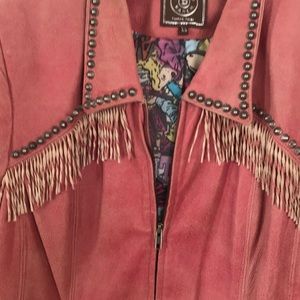 Double D Ranch Salmon pink leather fringe jacket.